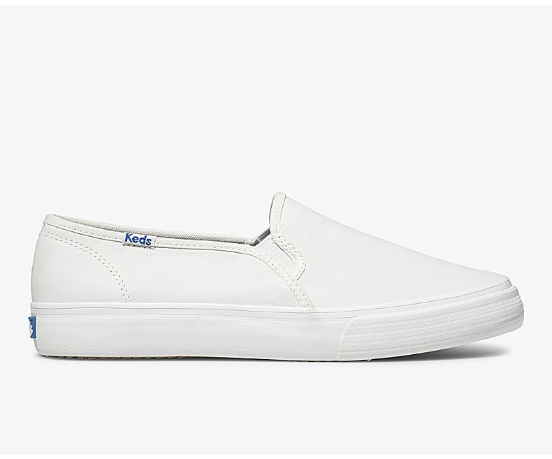 Keds Womens White Slip On Shoes - Keds Double Decker Leather 352LCXRWD